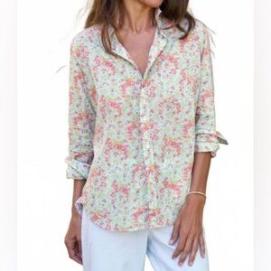 Frank & Eileen Size XS Eileen Relaxed Cotton Floral Button Up Shirt Pink Seafoam
